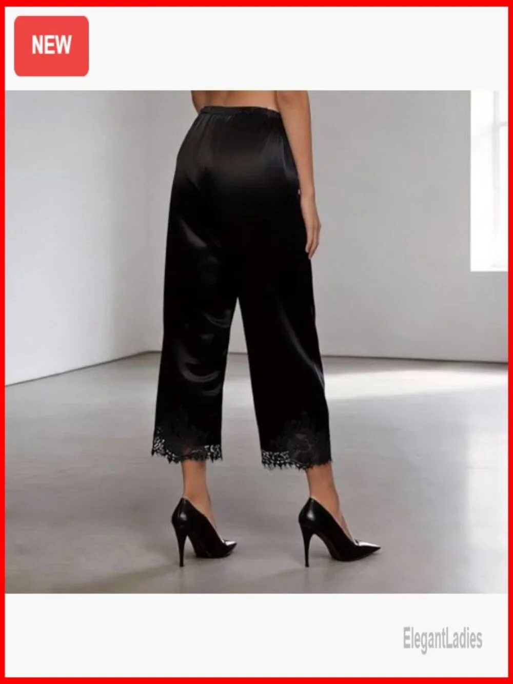 Satin Lace Trim Wide Leg Pajama Bottoms Elastic Waist Lounge Pants